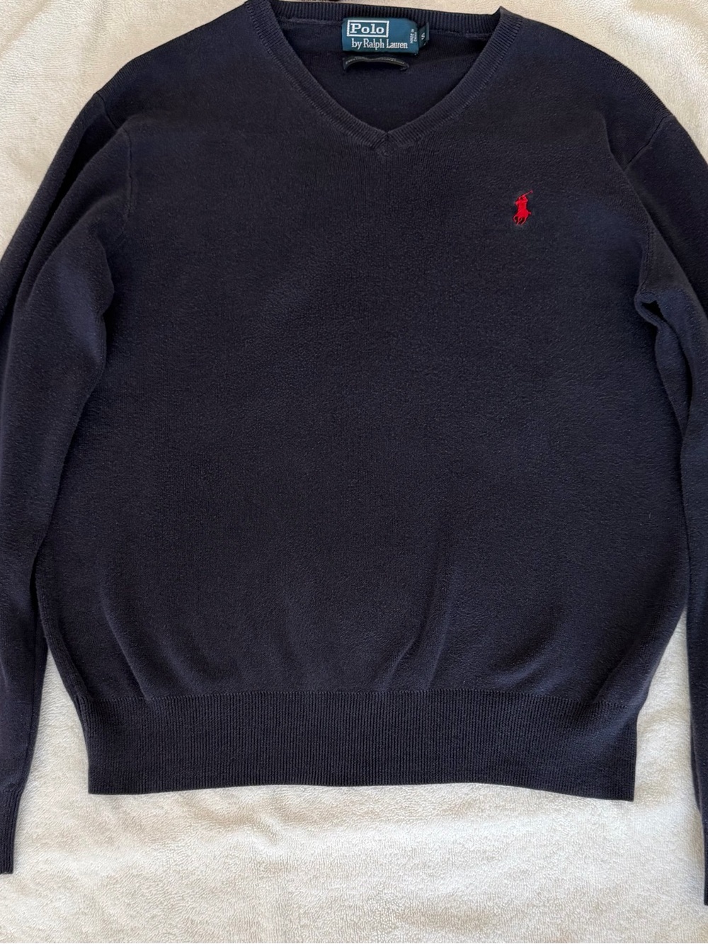 Ralph Lauren Navy V-Neck Sweater with Red Pony Logo